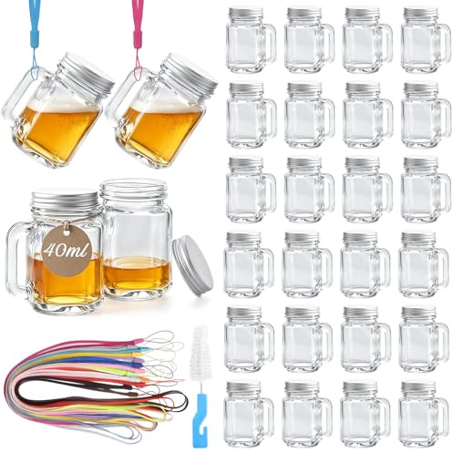 Mssushi 28 Set Mini Bicchierini Liquore con Coperchio, 40ml Bicchieri Amaro con Manico e Coperchi a Vite,Mini Bottigliette di Vetro Piccole Riutilizzabile con 28 cordino per Bevande Feste Matrimoniale