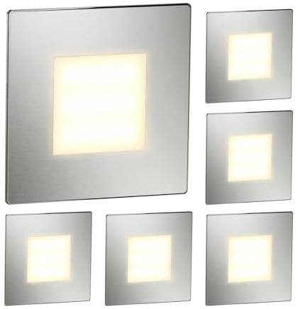 ledscom.de Lámpara LED para escaleras/empotrable en pared FEX, 6 LED, para interior y exterior, rectangular, acero inoxidable, 85 x 85 mm, blanco cálido