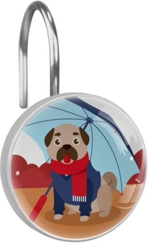 Eslifey Cute Pug con Paraguas Cortina de Ducha Ganchos para baño Cortina de Ducha Barra 12 Piezas, Acero Inoxidable, Style01, 3.7x3.7cm