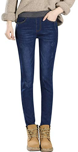 semen Womens Winter Warm Fleece Lined Stretch Jeggings Elastic Waist Mid Rise Skinny Jeans Soft Denim Pants(UK 12/Tag 30)