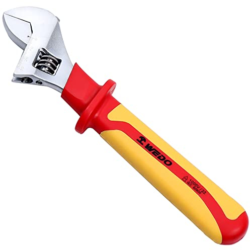 WEDO Insulated Adjustable Wrench 6, VDE 1000V Adjustable Injection Spanner, Electricians Safety Wrench, Chrome Vanadium Steel, Anti-Slip Handles, IEC 60900, Open max 18mm