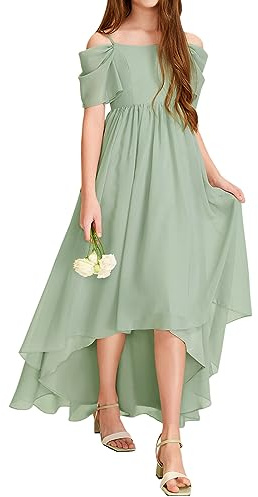 Haloumoning Girls Cold Shoulder Dress A-line Asymmetrical Chiffon Junior Bridesmaid Birthday Party Dress Green