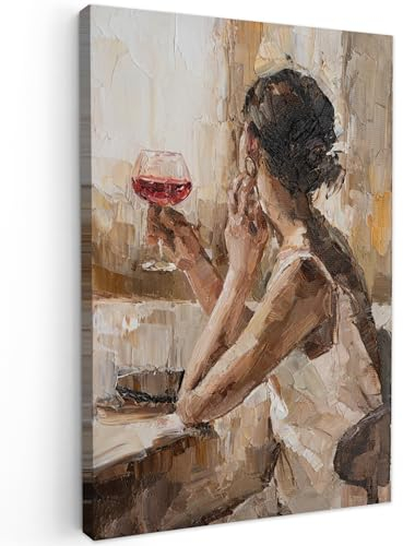MuchoWow© Leinwand 60x90 cm Deko Schlafzimmer Aesthetic Leinwandbilder Wohnzimmer Gemälde Foto Geschenk Living Room Decoration Moderne Kunstdruck Wanddeko - Ölfarbe - Frau - Wein