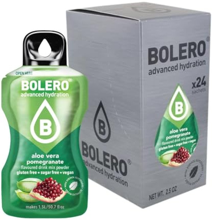 Bolero ALOE VERA POMEGRANATE 24 x 3 g | Jus en poudre sans sucre, sucré avec de la stévia + vitamine C | Convient pour les enfants, les diabétiques | Sans gluten et adapté aux végétaliens | Le goût