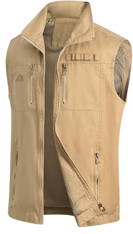 MeiLayM Herren Outdoor Weste Leicht Anglerweste mit Mehreren Taschen Baumwolle Stehkragen Vintage-Weste Ärmellos Jacke Sport Weste Jagd Fotografie Wandern Camping Weste Khaki,4XL
