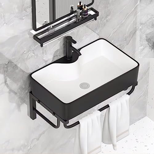 TEmkin Lavandino a Parete Lavabo da Bagno Moderno Lavabo ad Angolo in Ceramica Bianca in Porcellana Lavandino da Bagno con Rubinetto Acqua Calda e Fredda (Nero 51 * 25 cm/20 * 10 Pollici)