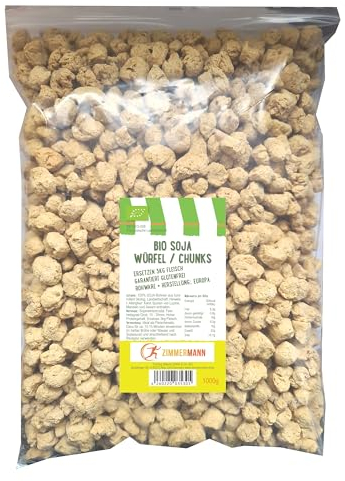 Bio Soja Würfel/Chunks 1000g - Fleischersatz - garantiert glutenfrei - Rohware + Herstellung: Europa - Hoher Proteingehalt - von Zimmermann Sportnahrung