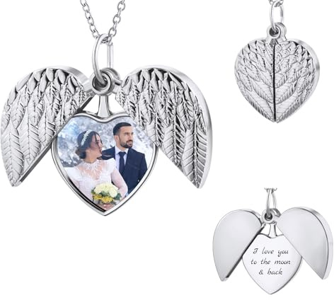 MunkiMix Collana con Medaglione a Cuore Personalizzato con Immagine All'interno Collana con Medaglione in Argento con Ali D'angelo Gioielli Personalizzati per Donna Regali di Compleanno (Stile B1)