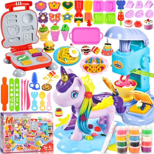 ZQEJEFD Knete Dough Set für Kinder, 59 Stück Knete Set Kitchen Creations Eismaschine Burgermaschine,Einhorn Friseur Knete Dough Set,Knete Zubehör mit 12 Dosen Knete,Spielzeug Geschenk Mädchen Junge 3+