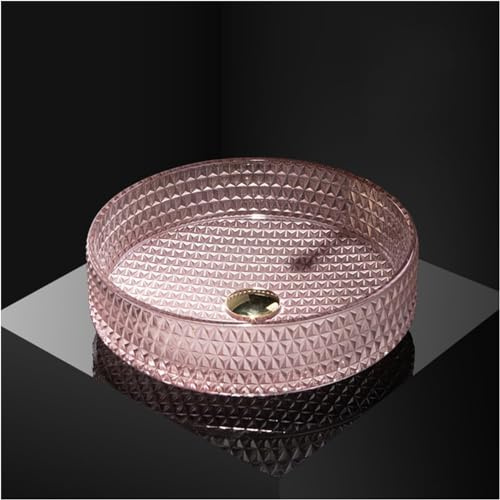 Lavabo de baño de vidrio rosa transparente con forma de diamante, lavabo artístico de vidrio corrugado, contenedor de vidrio de lujo para encimera