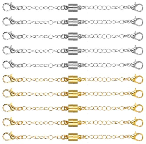 AOZUO extensión de cadena con cierre magnético, extensión de cadena de plata dorada, extensiones de cadena ajustables para collares, pulseras, accesorios de joyería (5 doradas + 5 plateadas)