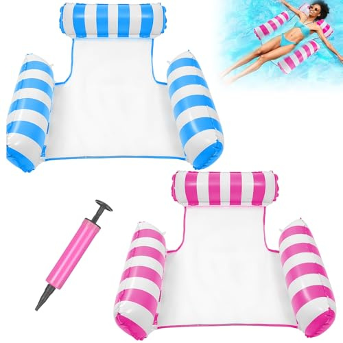2 Pezzi Amaca Gonfiabile con Pompa Aria Manuale, Sedia Galleggiante Piscina 4 in 1 per Adulti, Materassino Mare Gonfiabili Portatile, Lettino Amaca Acqua Multifunzionale per Piscine, Spiaggia