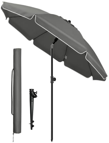 VOUNOT® Ombrellone da Spiaggia 2m Inclinabile Altezza Regolabile, Ombrellone da Giardino con Ancoraggio al Suolo Protezione UV 50+ e Borsa da Trasporto per Balcone, Terrazza e Campeggio, Grigio