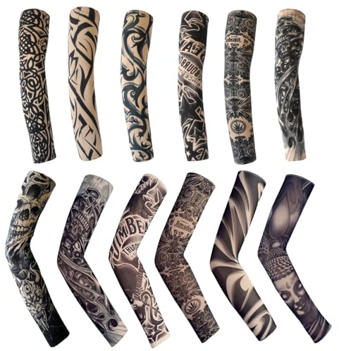Qwrqwr 12 Pieces Tattoo Sleeves for Men Fake Tatoos Arm Sleeve Elastic Hip Hop Sun Block for Men Women