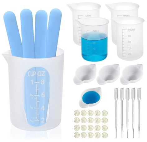 HMCEY Tasse à Mesurer en Silicone Avec Gradué 100/250 ML,Tasse de Mélange Résine,Gobelet Doseur Silicone Measuring Cups,Verre Doseur avec Bâtonnets à Mélanger, Manchons à Doigts, Compte Gouttes