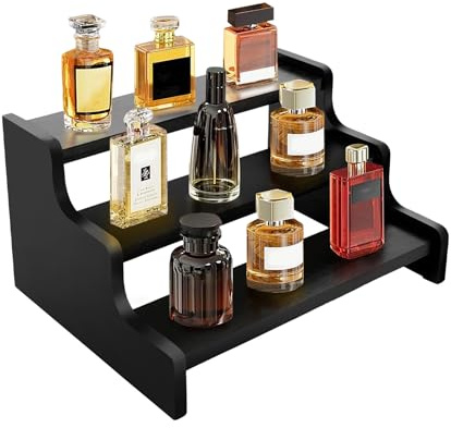 Wooden Cologne Organizer for Men, Perfume Organizer Stand, Cologne Stand with Anti-Slip Washers, Wooden Display Risers Stand for Figures, Fragrances, Dessert, Cupcake, Makeup (Black, 3-tier-9.4in)
