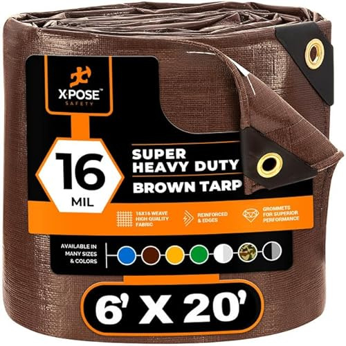 6' x 20' Super Heavy Duty 16 Mil Brown Poly Tarp Cover - Thick Waterproof, UV Resistant, Rip and Tear Proof Tarpaulin with Grommets and Reinforced Edges - by Xpose Safety