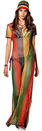 Clossy London 100% Egyptian Cotton Ladies Rasta Jamaican Work String Mesh Fishnet Dress Slit See Through Multicoloured Black Red Green Yellow Hip Hop Dance Club