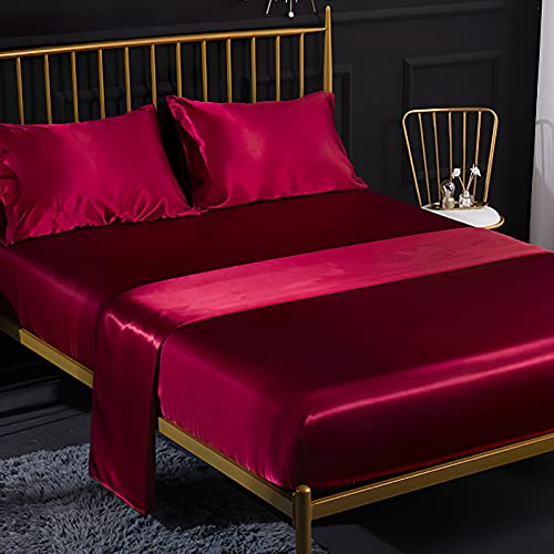 Jemiipee Juego de Sabanas de Cama Raso Color Sólido, 1 x Sábana Bajera Ajustable 150x200 cm con 35 Bolsillo Profundo, 1 x Encimera y 2 x Fundas de Almohada, Rojo Burdeos