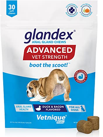 Vetnique Labs Glandex Advanced Strength Analsack Soft Kausnacks mit Ballaststoffen für Hunde, Verdauungsenzyme, Probiotika - Vom Tierarzt empfohlen Vegetarische Ente & Speck… (30ct Chew)