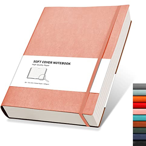RETTACY B5 Lined Notebook, Leather Softcover Journal, 320 Pages, Pink | Notepad for Men Women, 100 GSM Thick Ruled Paper, for School Office Writing - 19 × 25 cm