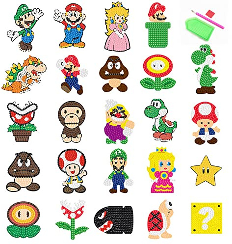 PICNICFUN Diamond Kits Stickers for Kids,24 PCS 5D DIY Cute Cartoon Characters and Animals Handmade Digital Paint Rhinestone Mosaic Sticker Making for Kids,Children Art Craft
