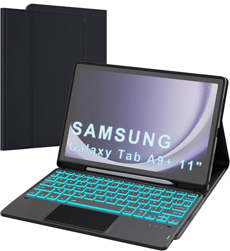 Étui Clavier pour Samsung Galaxy Tab A11 Plus/A9+ 11 Pouces - 7 Couleurs Rétroéclairées Amovible Tablette Coque Sans Fil avec Pavé Tactile – Tab A9 Plus 11 Rechargeable AZERTY Français Clavier Noir