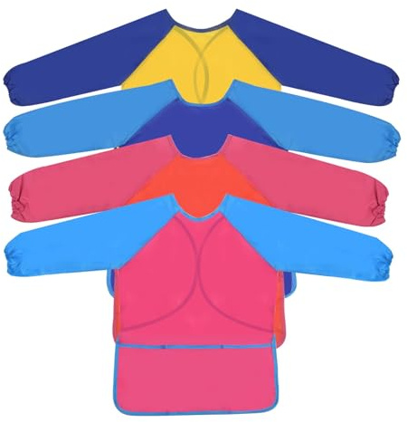 volumoon 4 Pack Tablier Peinture Enfant Avec Poches, 3-8 Ans Tablier Imperméables Ajustable Bambin Tabliers de Cuisine pour Filles Garçons Pour Peindre Cuisiner Cuire Au Four
