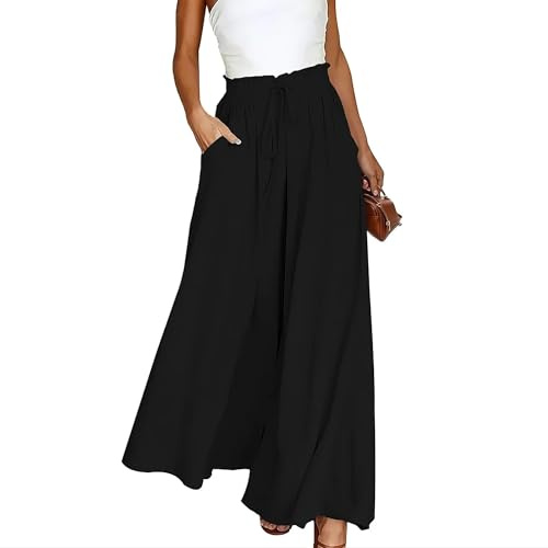 Pantaloncini a gamba larga per donna, pantaloni culottes con tasche, elastico in vita alta, estivi, pantaloni larghi per donna, Nero , XL plus lungo