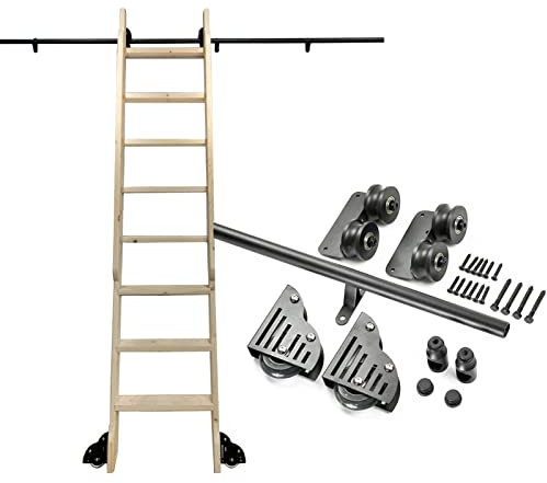 Kit per porta scorrevole da fienile da 6,1 m, con scala per biblioteca, senza bisogno di scala, set completo di binari per appendere e asta di prolunga, facile installazione