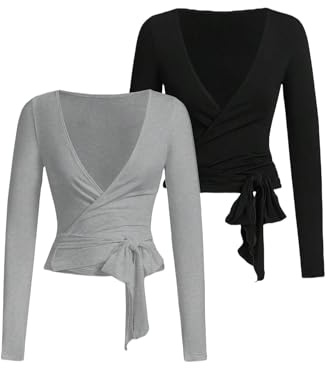 QJQ Women's 2 Pack Pilates Ballet Wrap Tops Long Sleeve Workout Yoga Shirt Going Out Tie Front Top Black and Grey X-Large