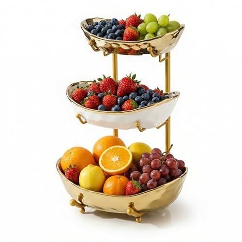 Simcat 3-Schicht Obstschale Keramik mit Metallgestell - Etagere Dekoschale für Küche/Wohnzimmer, Serviert Obst/Gemüse/Snacks, Geschenkfertig (Golden)
