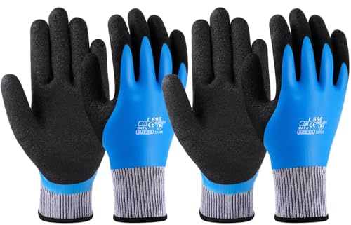 flintronic Gants de Travail 2 Paires, Polyvalent Gants de Jardinage, Revêtement Latex Double 100% Étanche, Excellente Adhérence, Résistant à l'Usure et à la Déchirure, Confortable et Respirant, L