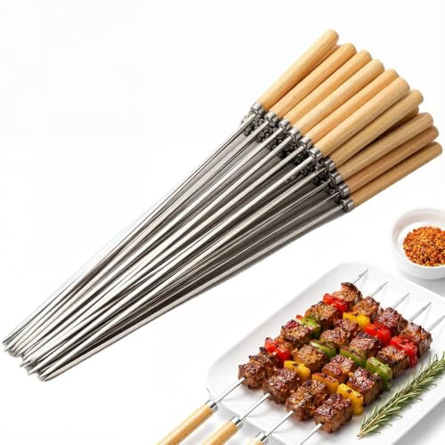 25 spiedini per barbecue in acciaio inox 304 con manico in legno, 35 cm di lunghezza, riutilizzabili, per carne, verdure, barbecue, feste, campeggio (argento 1)