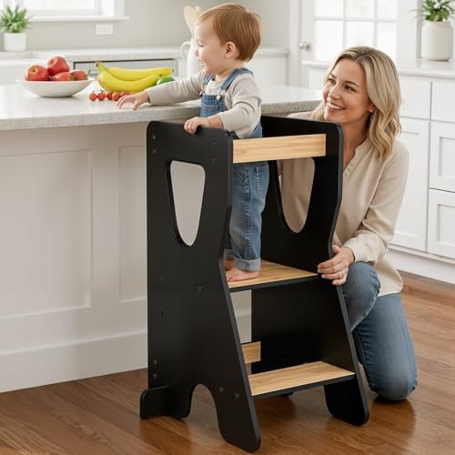 COSYLAND Torre de Aprendizaje Montessori de Madera – Altura Ajustable en 3 Niveles – para Niños Desde 18 Meses – con Barandillas de Seguridad – Estable y Fácil de Montar – Negro Oscuro, Forma R