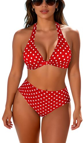 JFAN Costume da Bagno Donna a Vita Alta in Due Pezzi Stampa Floreale Bikini Halter Regolabile Costumi da Bagno,Punto Rosso,L
