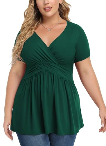 TIANZHU Plus Size Tops for Women Wrap Baby Doll Shirt Soft Tunic Top Dressy V Neck Blouse,XL-4XL