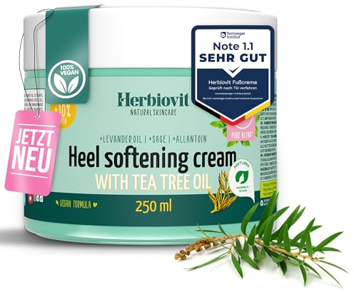 Herbiovit vegan Fußcreme gegen Hornhaut Schrunden 250ml mit Teebaumöl Salbei und 10% Urea Fusscreme | natürliche Fußpflege für trockene rissige Fersen | Fersencreme Hornhautentferner Fersensalbe