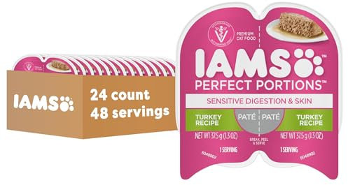 IAMS Perfect Portions Sensitive Digestion & Skin Wet Cat Food Pate, Adult Grain Free Pate, Turkey Recipes, (24) 2.6 oz. Twin-Pack Trays