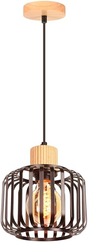 iDEGU Lámpara Colgante Vintage en Madera y Metal, 18CM Lámpara de Techo Diseño Jaula Industrial Luz Colgante E27 Iluminación de Techo para Dormitorio Salón Cocina Comedor Cafetería (Negro)