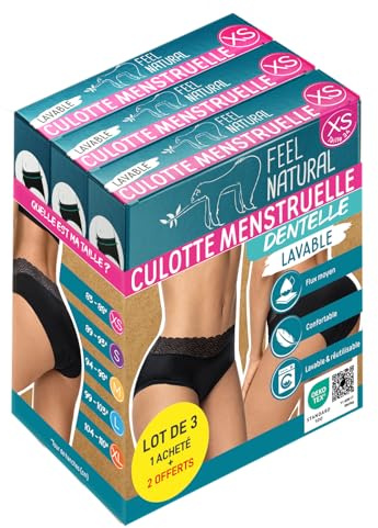 Feel Natural - Pack 3 Culottes Menstruelle - Sous Vêtement Femmes , Culotte de Regle Lavable Anti Fuite - Confort Hygiénique, Protection Absorbante Sans Couture - Dentelle - Noir - Taille XL