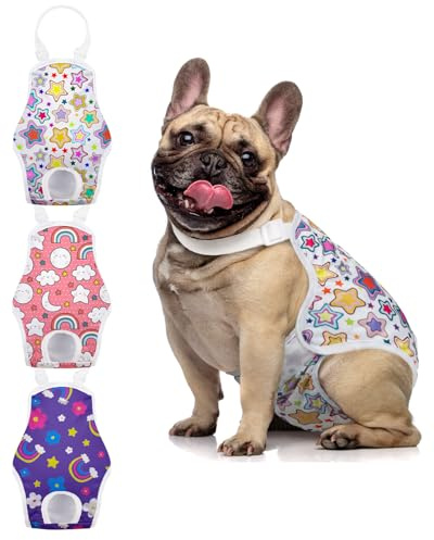 MICOOYO Återanvändbara hundblöjor 3-pack, tvättbara hundbyxor för tikar och valpar, dambindor med strumpband för inkontinens, värme efter operationer (regnbåge, M)