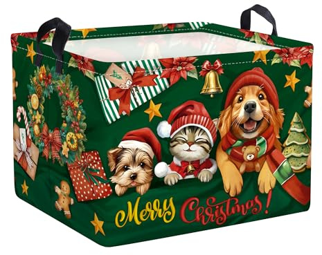HUUMONSS Grande Cesta Porta Biancheria Animali Natalizi Pieghevole Cestini Portaoggetti Giocattoli per Genitore Cesta Indumenti Sporchi per Bagno, Cane Verde, 40 * 30 * 30 cm