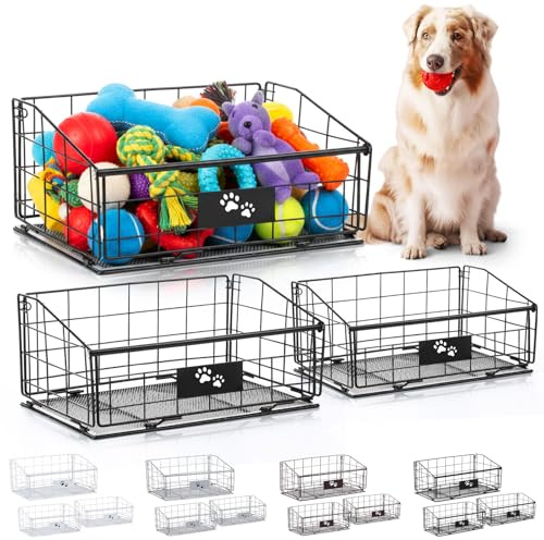 Mimorou 3 Pack Metal Dog Toy Baskets Multi-sized Foldable Dog Toy Bins Box Storage Container Organizer for Living Room Area Decorative Pet Accessories Coat Clothing Storage Holder Baskets(Black)