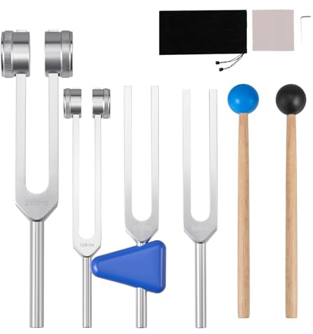 Kit de fourche de tuning 128 Hz, 256 Hz, 512 Hz, 1024 Hz avec fourche de tuning avec marteau réfléchissant pour la guérison/instrument de fréquence/thérapie sonore/chakra/yoga et méditation