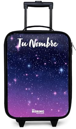 NoBoringSuitcases.com® Maleta Infantil Personalizado con Nombre 48x31x19 cm Maletas De Viaje Cabina Trolley con Ruedas LED Rigida Ultraligero - Niñas - Estrellas - Galaxia - Azul - Rosa