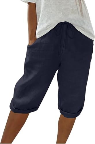 Summer Trousers for Women UK,Ladies Cropped Trousers Capri Pants for Women UK Linen Knee Length Tummy Control Tailored Stretch Baggy with Pockets Shorts for Gym Running Cycling Beach Holiday Navy