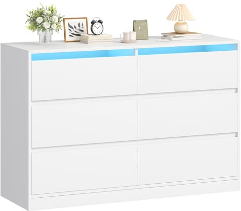 BEWISHOME Comoda Dormitorio con Luces LED,Cajonera Blanca con 6 Cajones