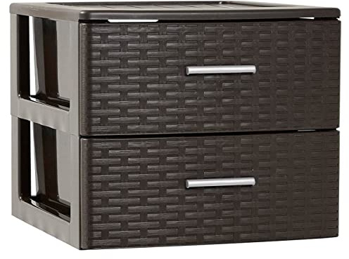 Tradineur - Cajonera de ordenación Rattan de plástico - 2 cajones - Torre de almacenaje multiusos, organizador auxiliar, almacenamiento, baño - 31,5 x 36,5 x 36,5 cm - Color Wengué