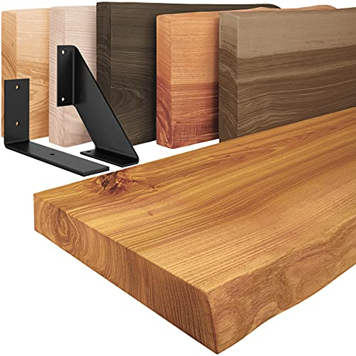 LAMO Manufaktur Wandregal Holz Baumkante | Regal Farbe: Rustikal | mit schwarzem Vintage Regalträger | 60 cm